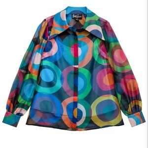 Lesley Evers WHITNEY sheer organza blouse Circles Navy Medium EUC